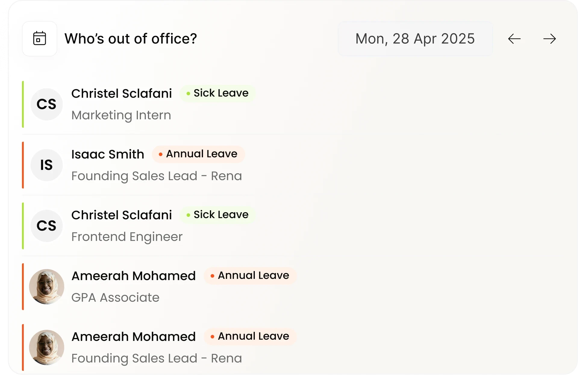 A Who's out of office? panel, listing staff on sick leave and annual leave with their role and status.
