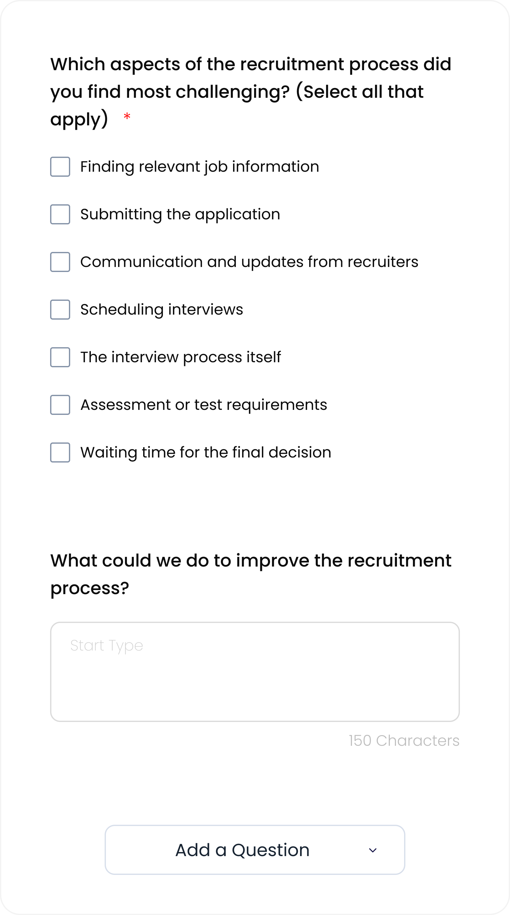 A candidate experience survey question: which parts of the recruitment process were most challenging, with a list of selectable answers.