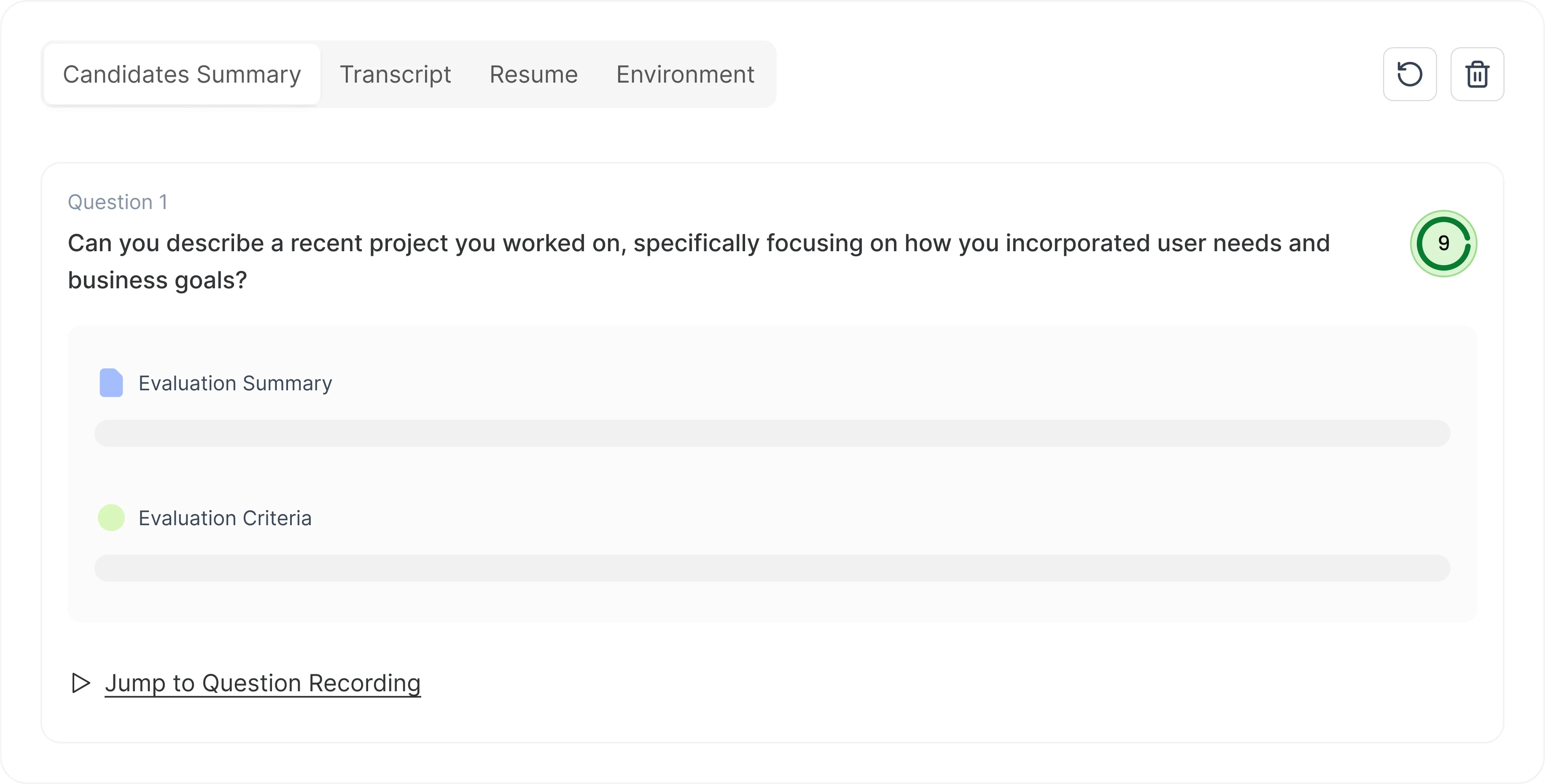 A candidate's evaluation in Reena: per-question evaluation summary and criteria scores, with a link to jump to that moment in the recording