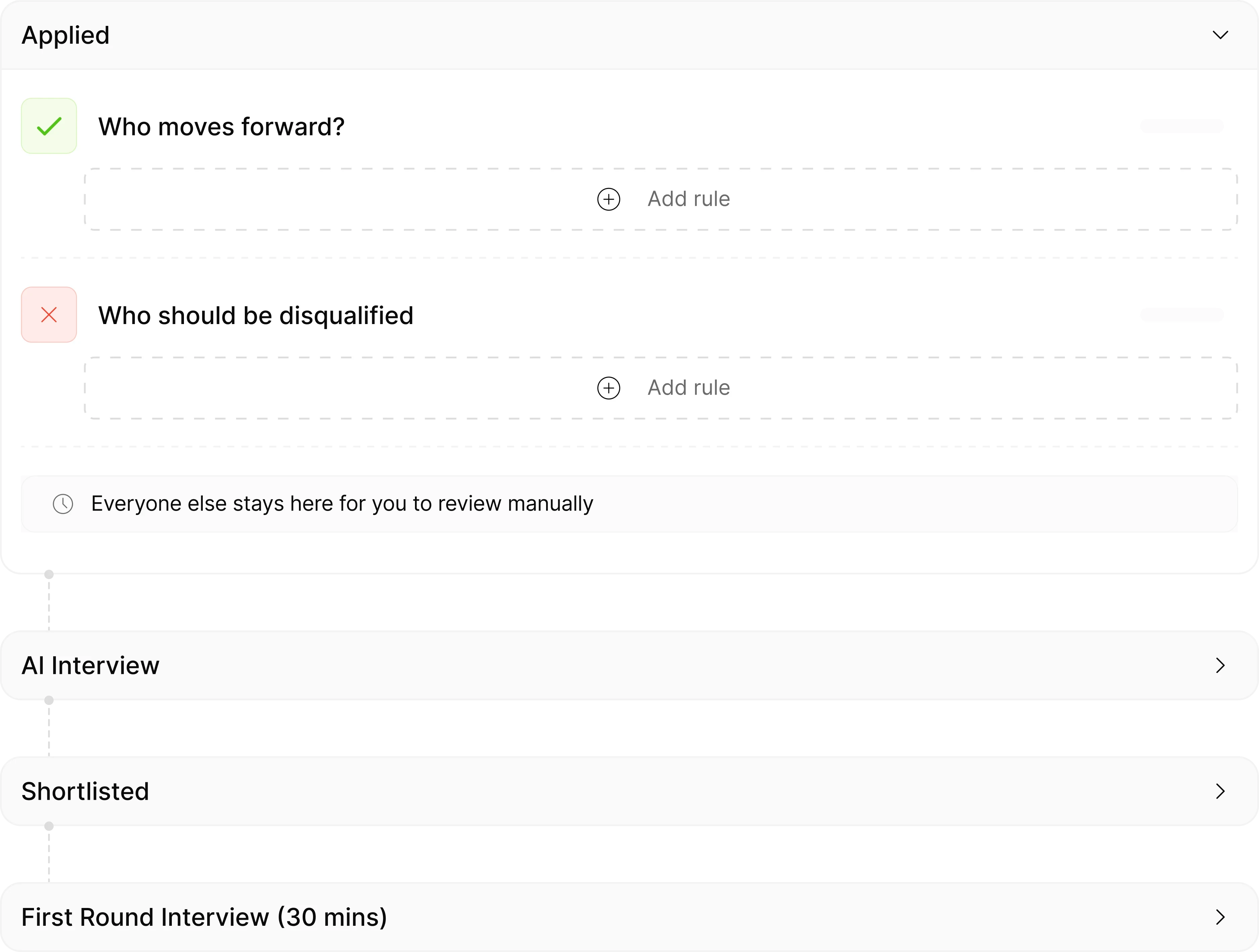 An automation rule builder in Reena for the Applied stage: conditions for who moves forward and who should be disqualified, with everyone else staying for manual review