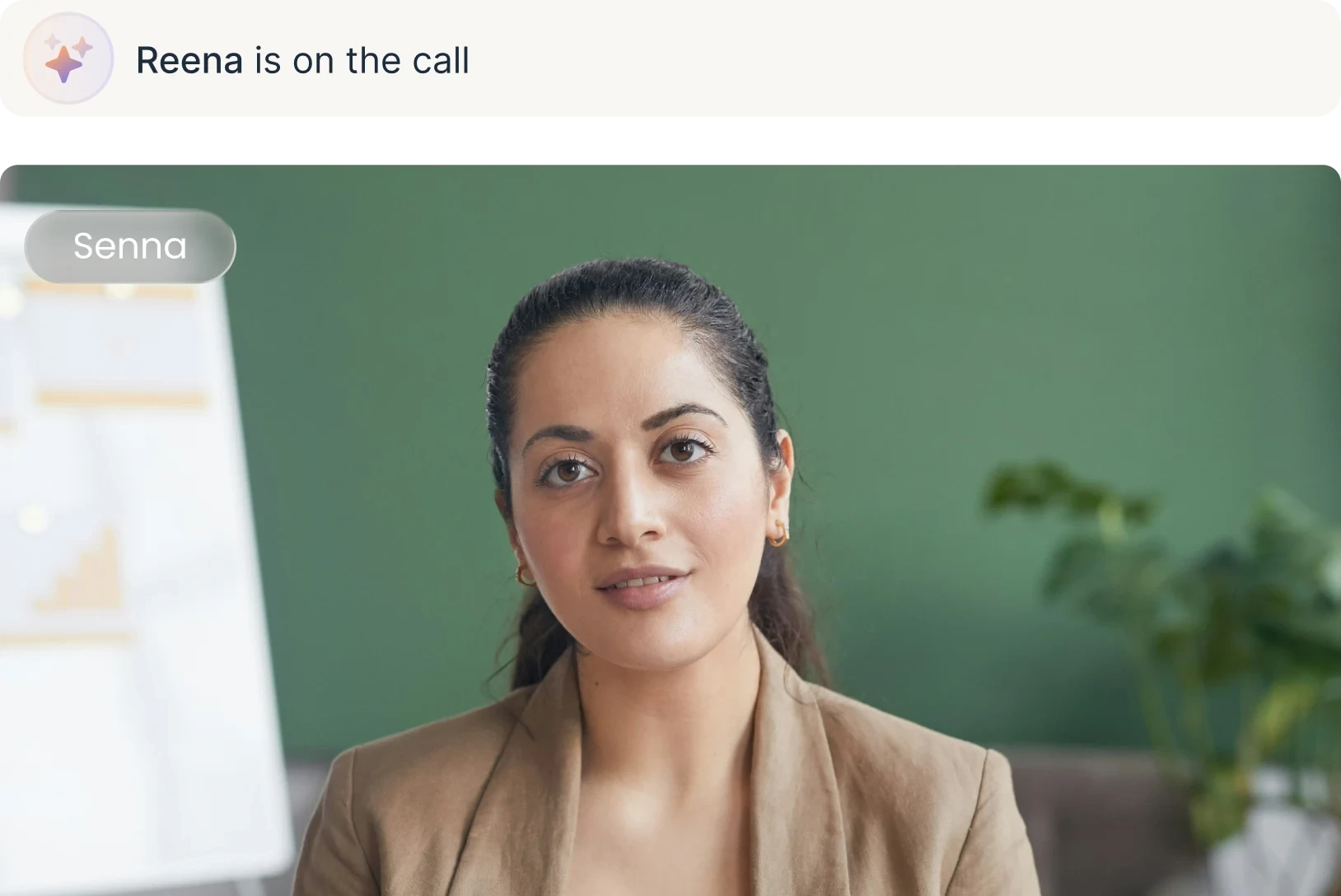 A candidate's AI interview screen: video preview, mic check and device selection, with Reena on the call.