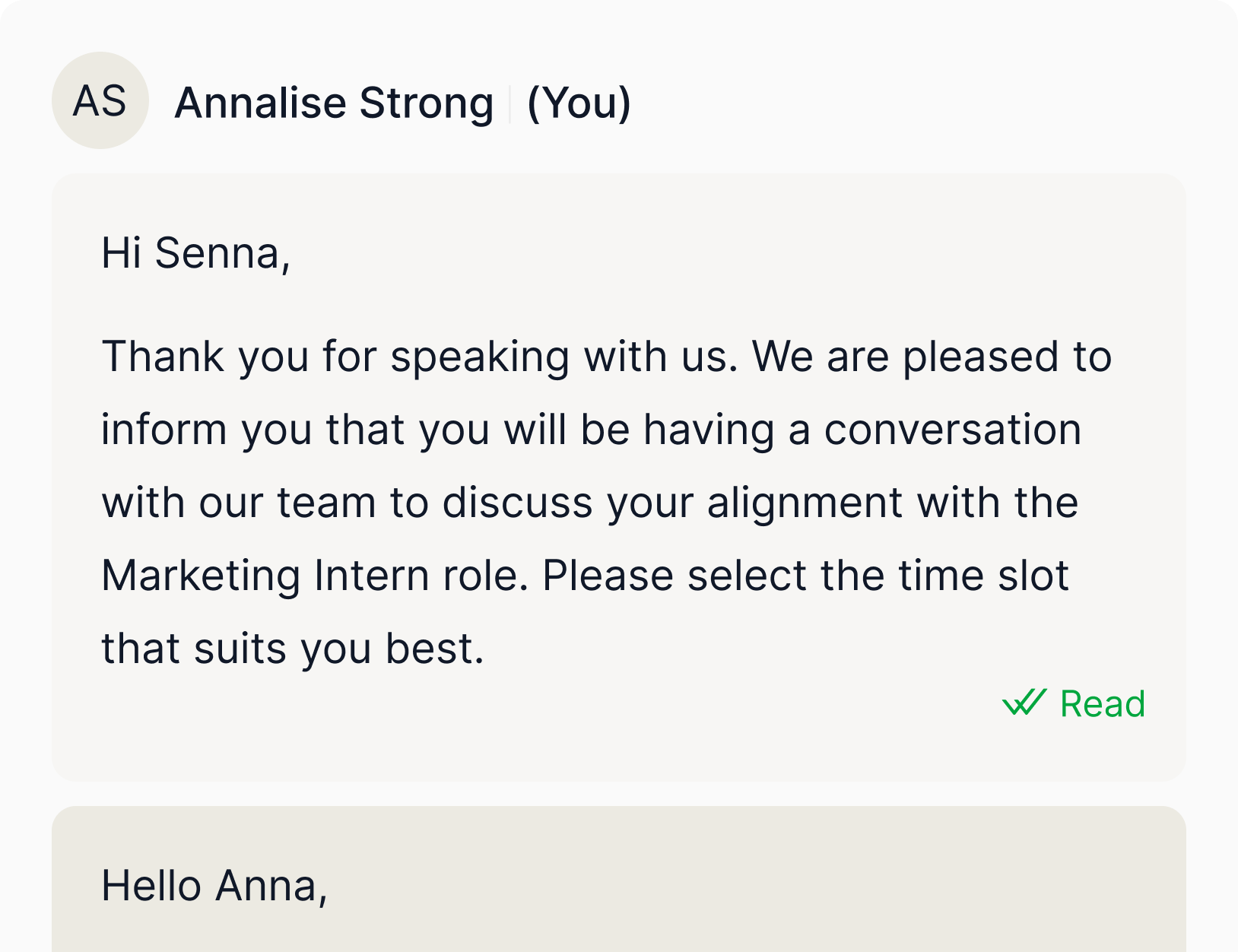 A message thread with a candidate, inviting them to schedule an interview for a Marketing Intern role.