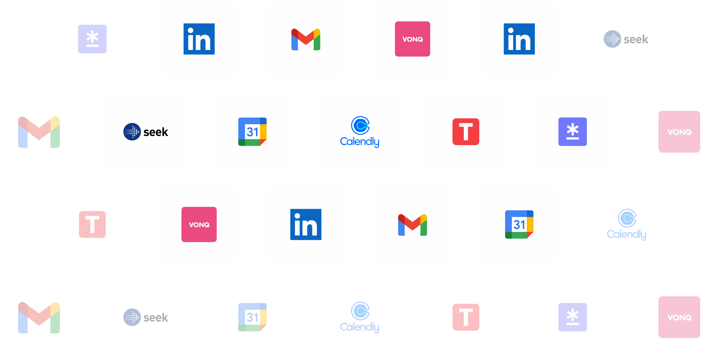 Logos of tools Reena connects to, including LinkedIn, Gmail, Google Calendar, Calendly and VONQ.