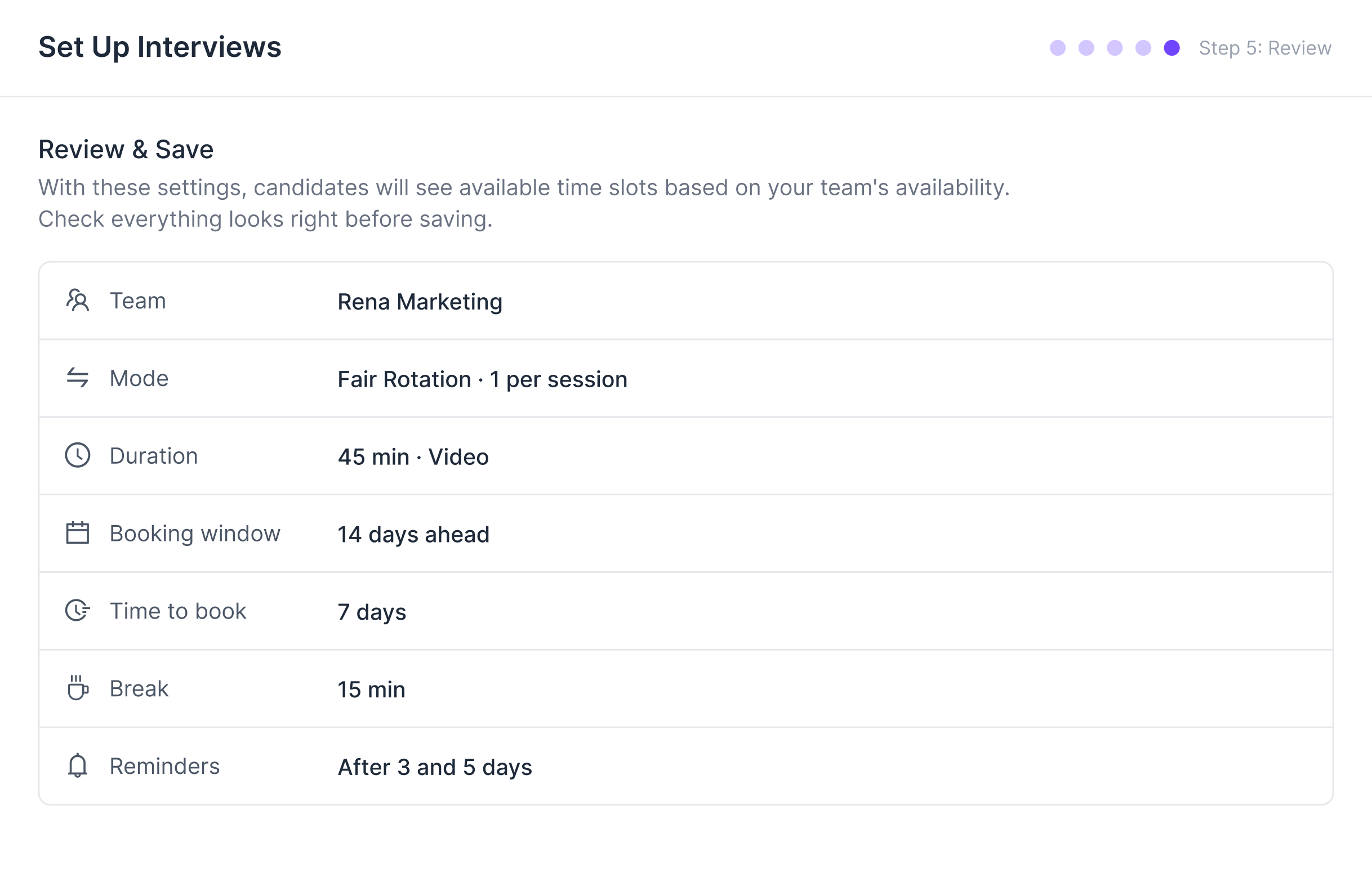 The Set Up Interviews review screen, step 5 of 5: team, fair rotation mode, duration, booking window, time to book, break and reminders.