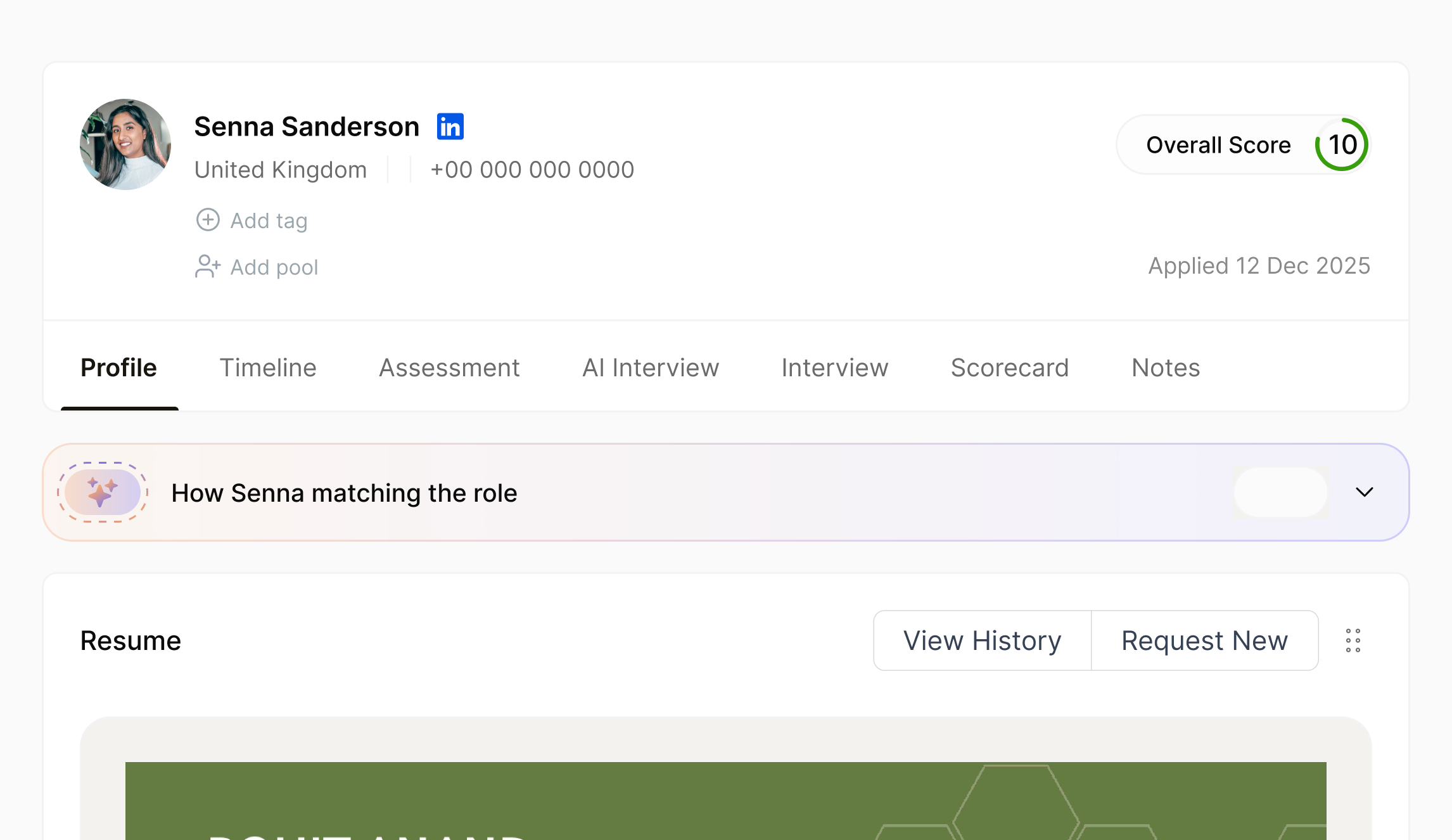 A candidate's profile in Reena: overall score and application date, tabs for timeline, assessment, AI interview, scorecard and notes, and an AI summary of how they match the role.