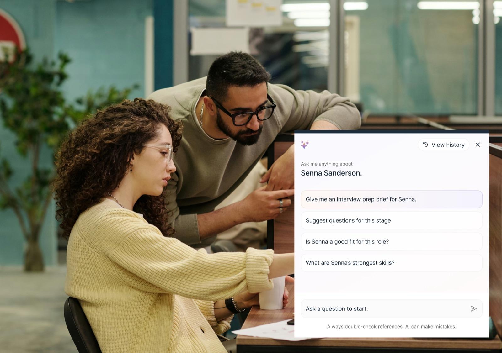 A recruiter and a colleague reviewing a candidate in Reena, with the AI assistant panel open