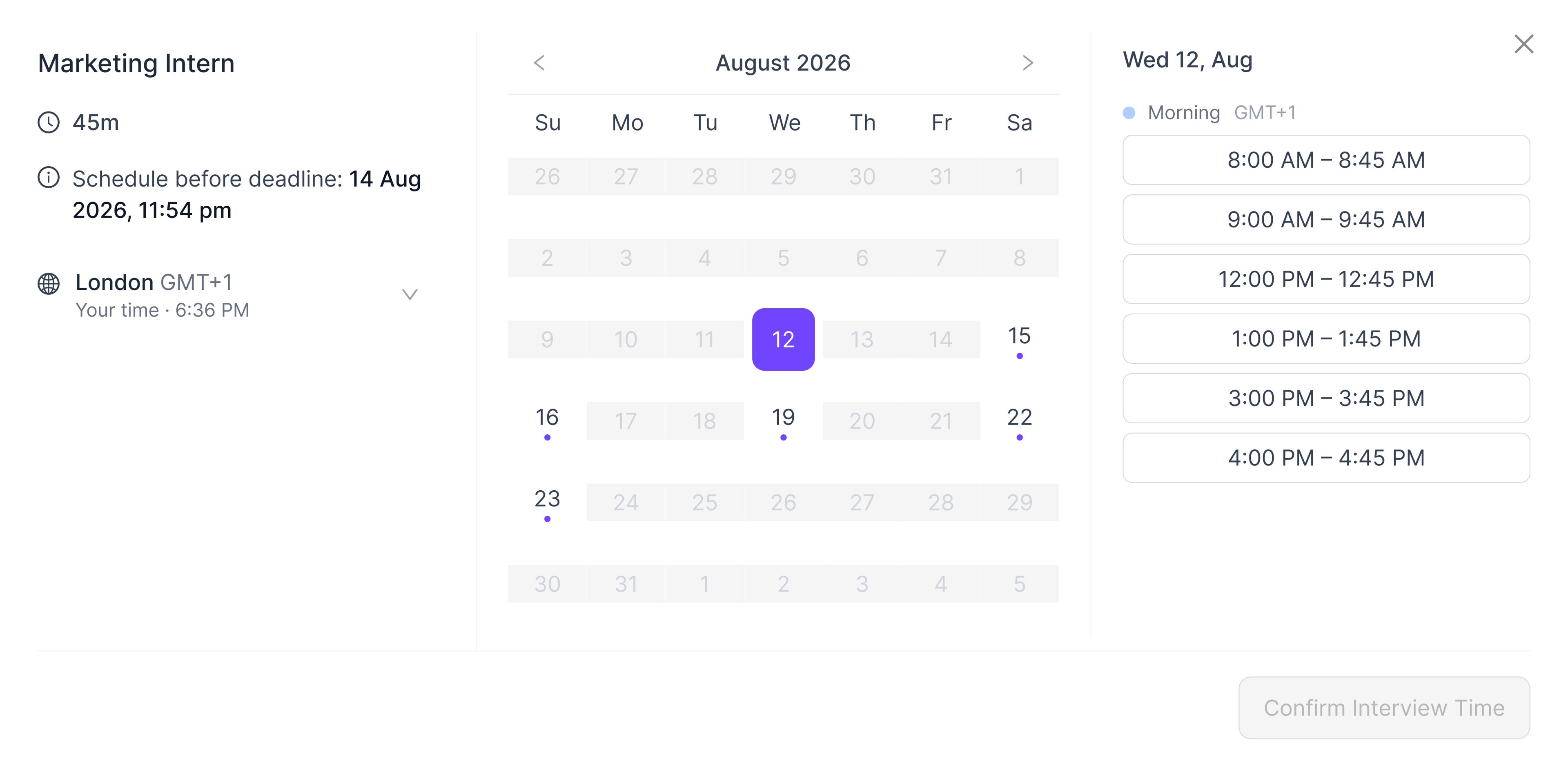 A candidate's booking screen in Reena: available slots for the Marketing Intern interview shown on a calendar, with time slots listed in the candidate's own timezone