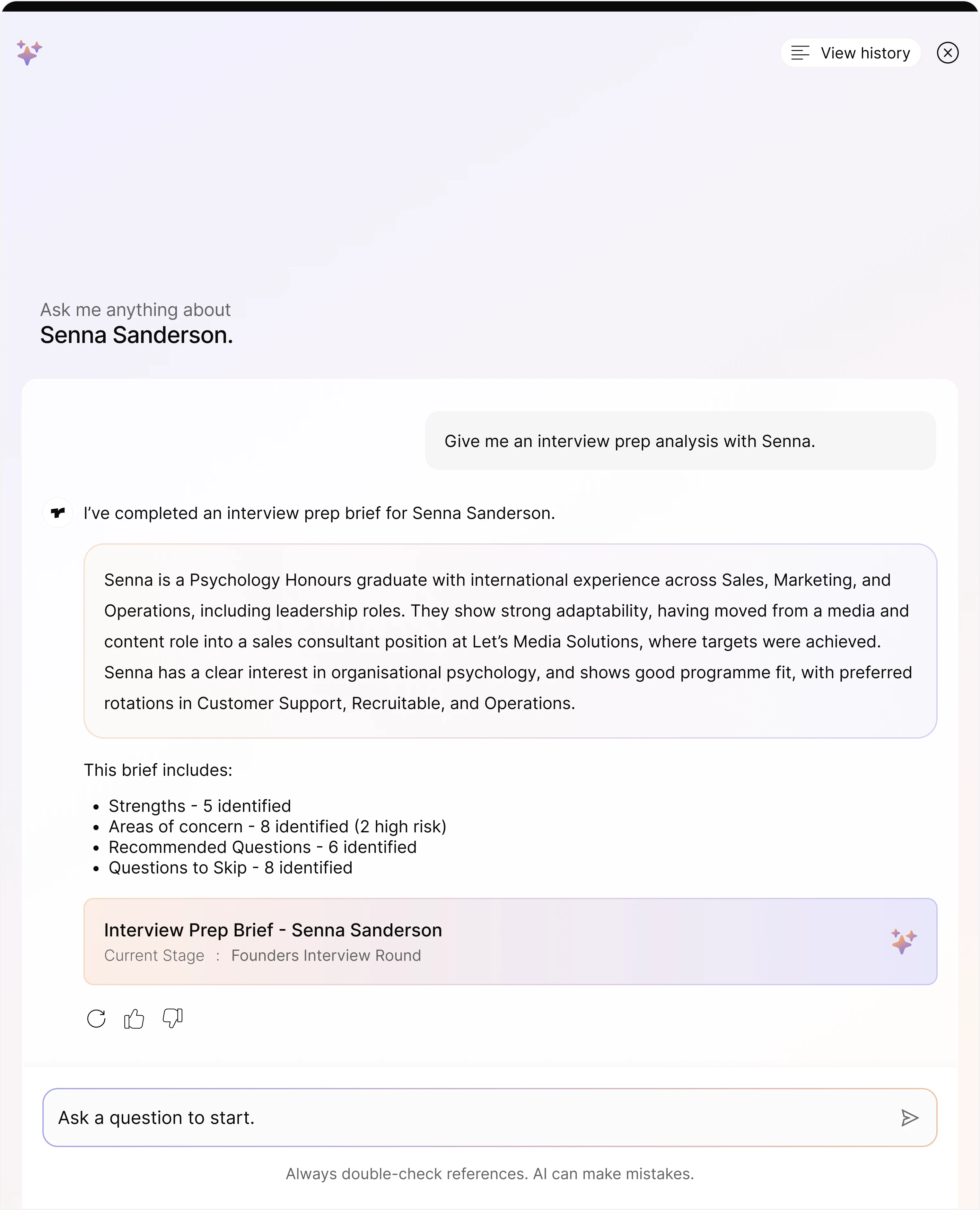 An interview prep brief for a candidate in Reena, with strengths, areas of concern, recommended questions and questions to skip drawn from their CV, interview transcript, assessments and scorecard