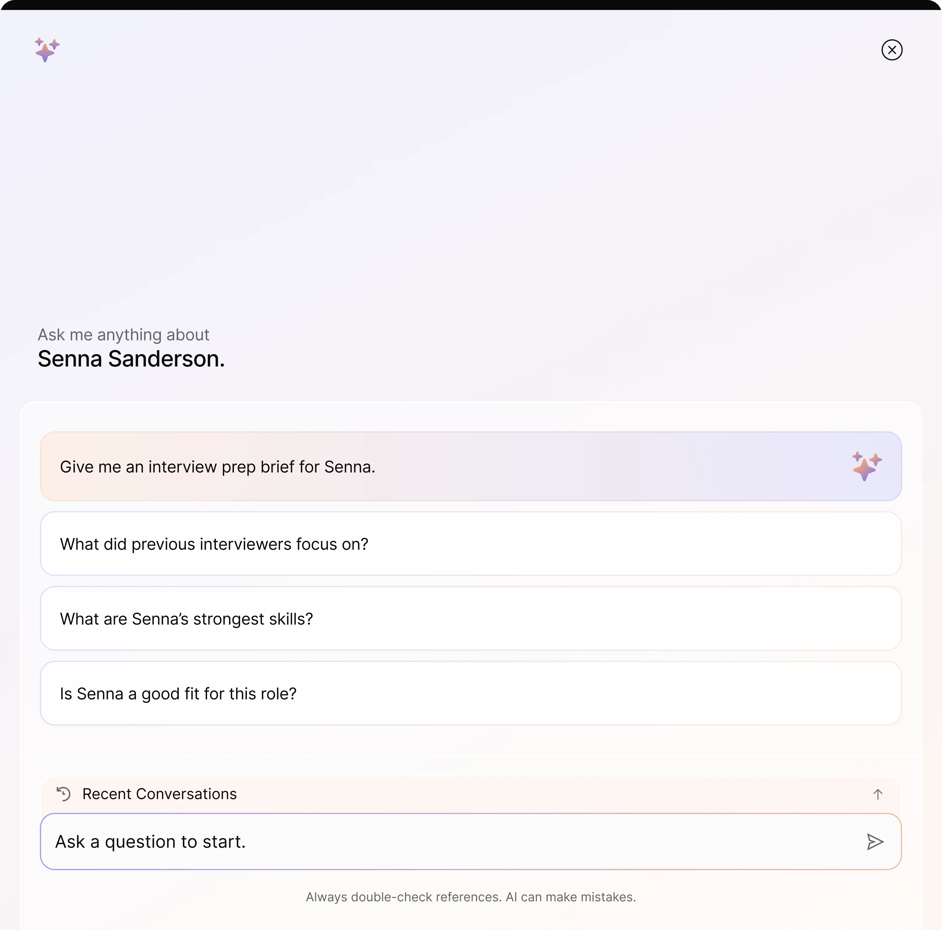 Ask Reena's copilot open on a candidate, with suggested questions like 'Give me an interview prep brief', 'What are Senna's strongest skills?' and 'Is Senna a good fit for this role?'