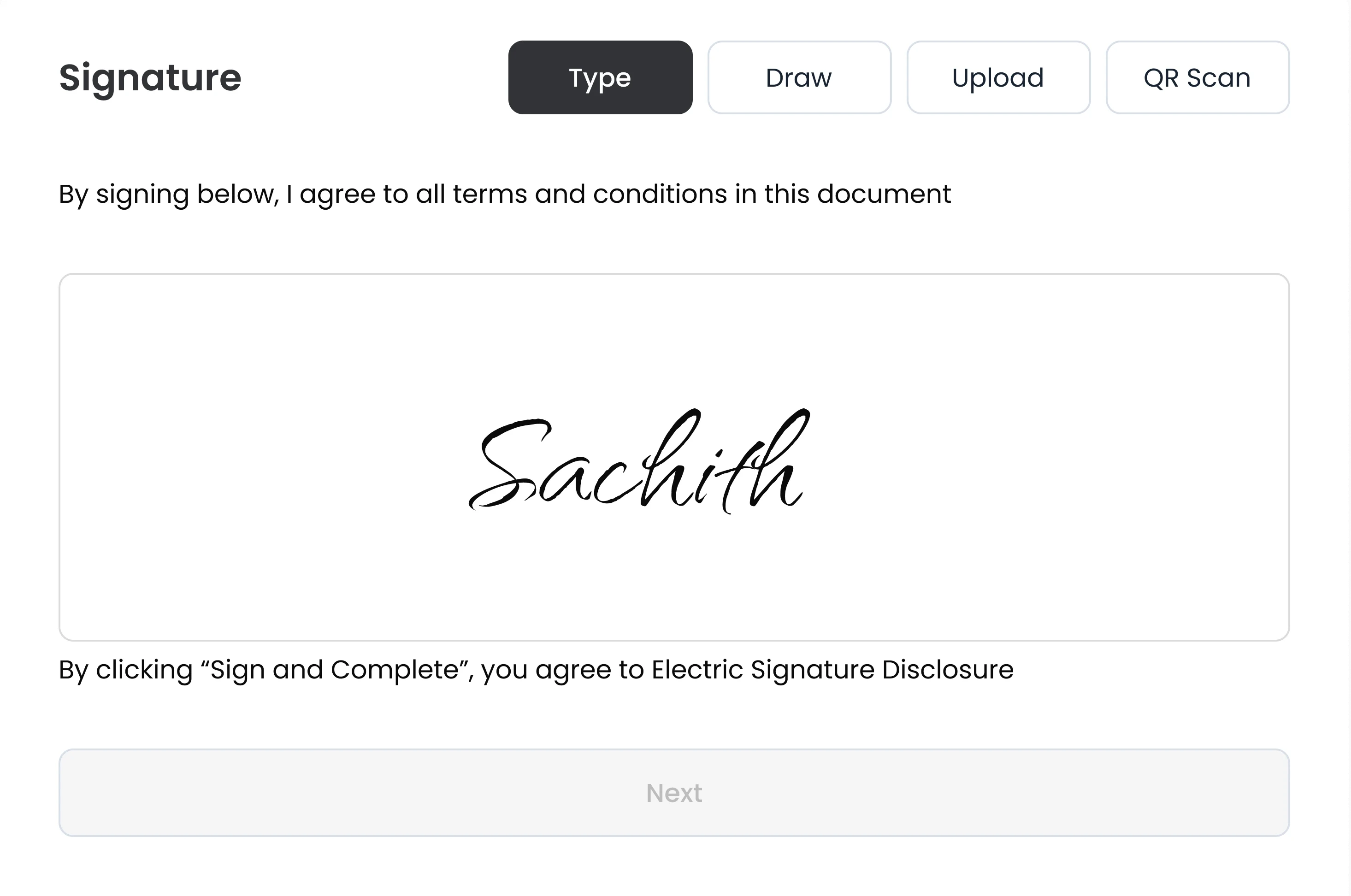 Reena's native e-signature step: a signer types their name, previews the signature and signs with Electronic Signature Disclosure agreed